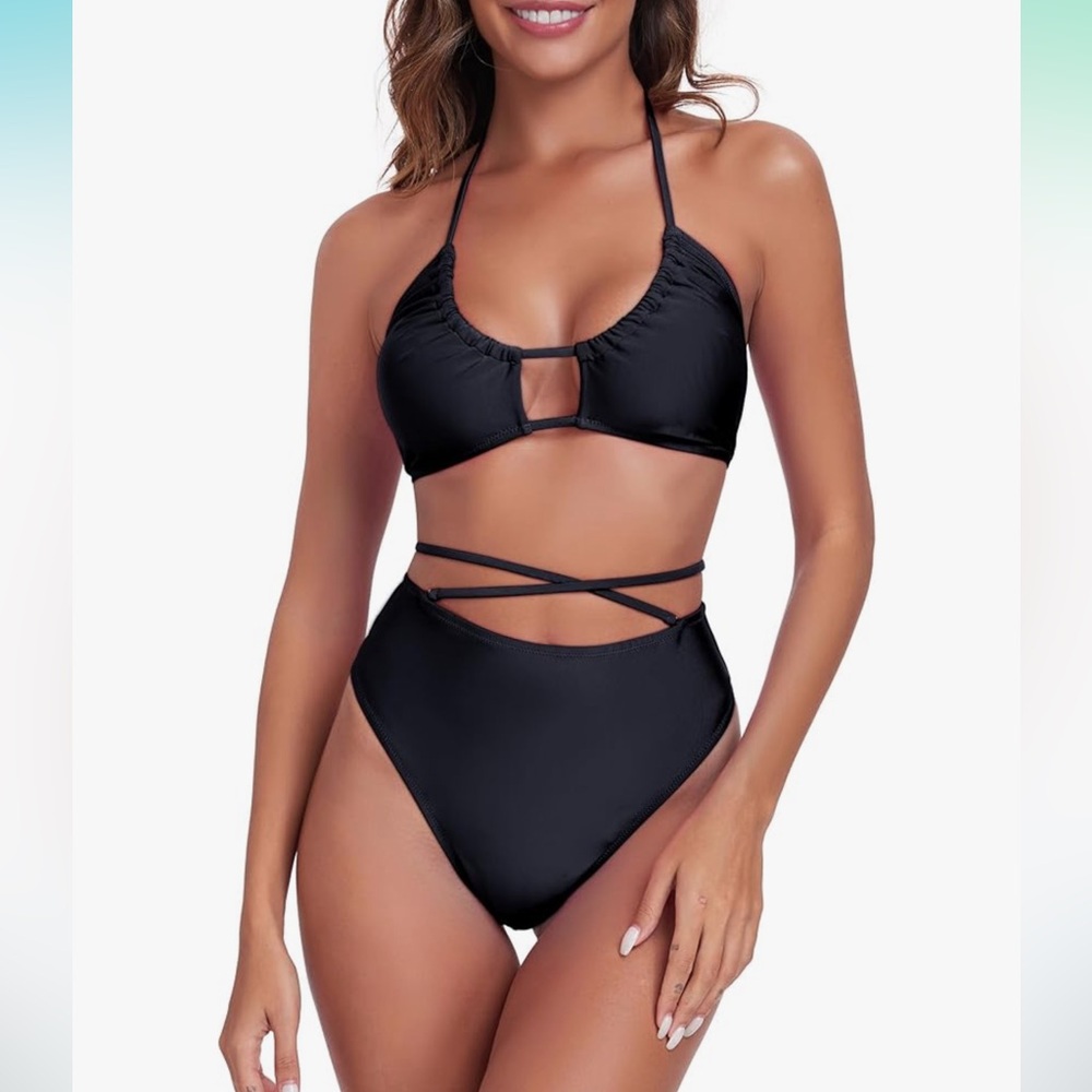 NWOT Sexy Cheeky Black Bikini Top High Waisted Bikini Bottoms Multi-Way Medium M